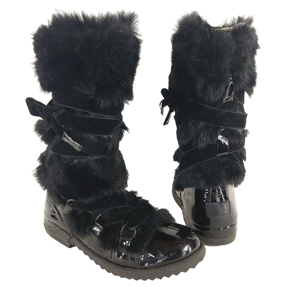 Sonia Rykiel Patent Leather Fur Boots US 7 EU 37 Womens Black $450